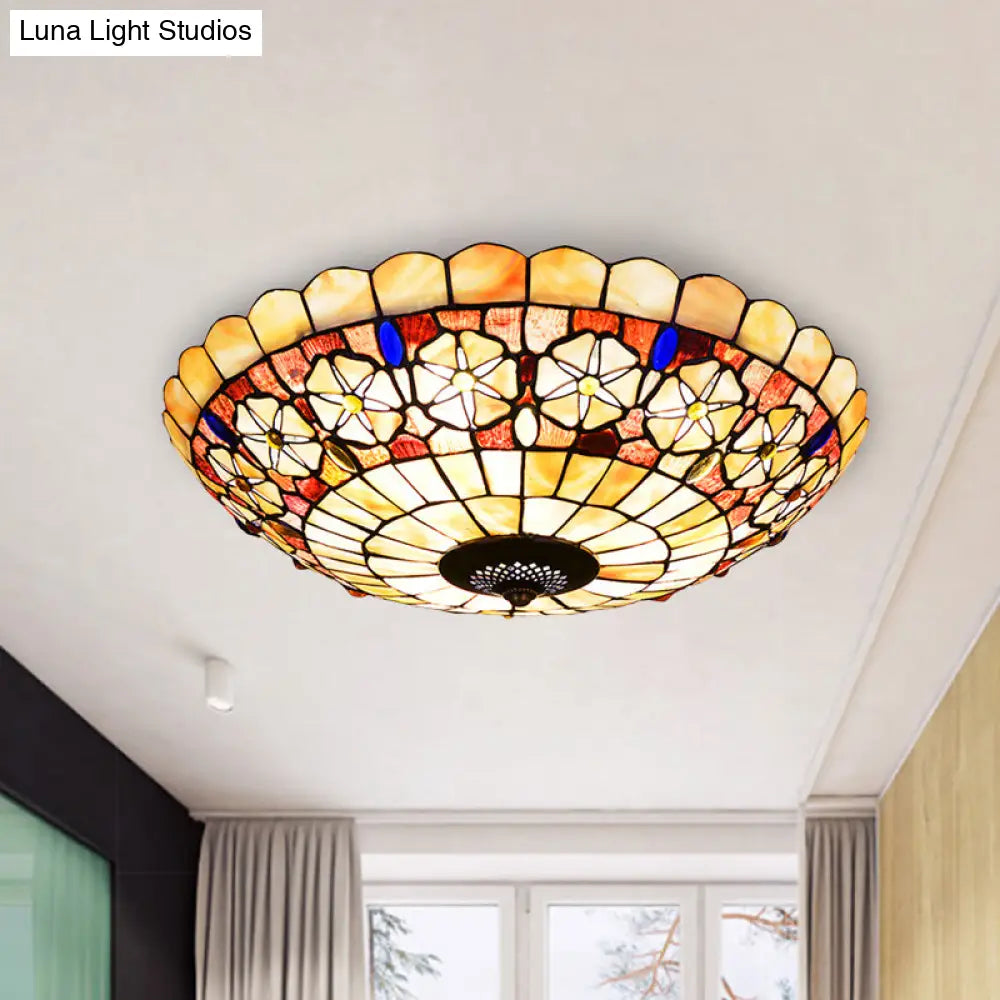 Tiffany Bowl Shell Ceiling Lamp With Blossom Pattern - 12’/21’ Dia 3/4 - Light Flush Mount Beige