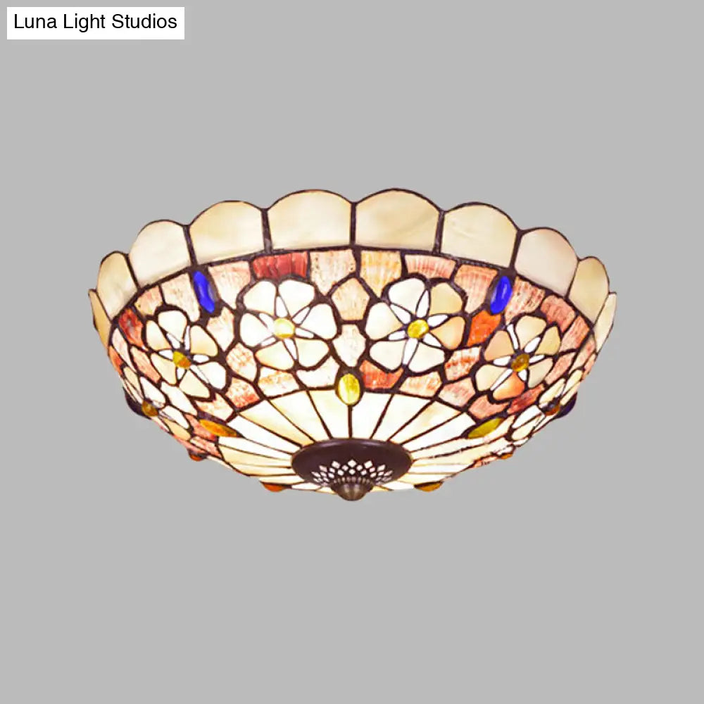 Tiffany Bowl Shell Ceiling Lamp With Blossom Pattern - 12’/21’ Dia 3/4 - Light Flush Mount Beige