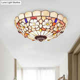 Tiffany Bowl Shell Ceiling Lamp With Blossom Pattern - 12’/21’ Dia 3/4 - Light Flush Mount Beige