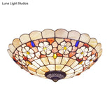 Tiffany Bowl Shell Ceiling Lamp With Blossom Pattern - 12’/21’ Dia 3/4 - Light Flush Mount Beige