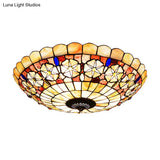 Tiffany Bowl Shell Ceiling Lamp With Blossom Pattern - 12’/21’ Dia 3/4 - Light Flush Mount Beige