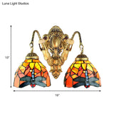 Tiffany Brass/White Stained Glass 2-Head Dome Sconce Wall Mount Light With Dragonfly Pattern