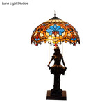 Tiffany Bronze 2-Light Reading Girl Table Lamp With Pull Chain Bird Blue-Brown Glass Shade