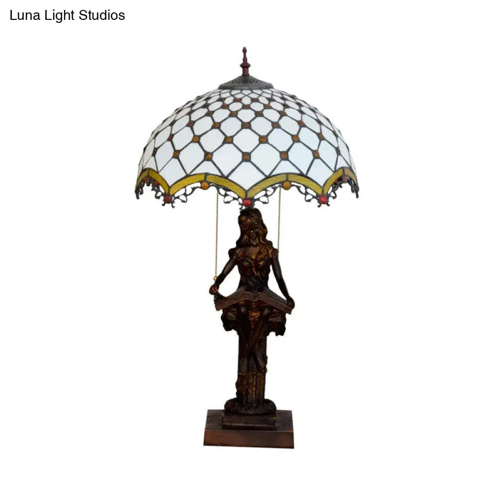 Tiffany Bronze 2-Light Reading Girl Table Lamp With Pull Chain Bird Blue-Brown Glass Shade