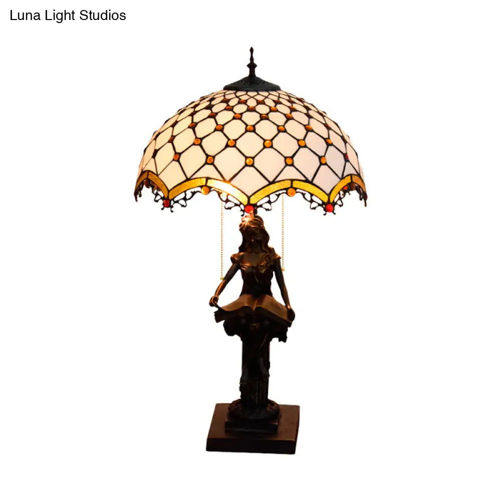 Tiffany Bronze 2-Light Reading Girl Table Lamp With Pull Chain Bird Blue-Brown Glass Shade