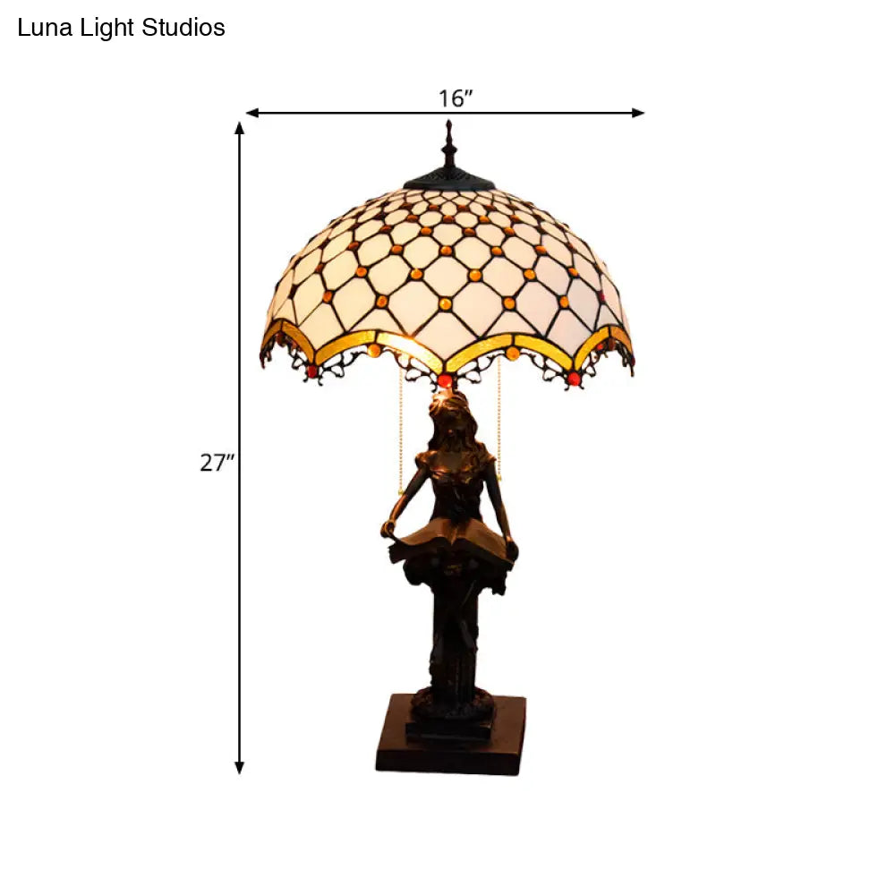Tiffany Bronze 2-Light Reading Girl Table Lamp With Pull Chain Bird Blue-Brown Glass Shade