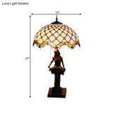 Tiffany Bronze 2-Light Reading Girl Table Lamp With Pull Chain Bird Blue-Brown Glass Shade