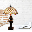 Tiffany Bronze 2-Light Reading Girl Table Lamp With Pull Chain Bird Blue-Brown Glass Shade