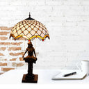 Tiffany Bronze 2-Light Reading Girl Table Lamp With Pull Chain Bird Blue-Brown Glass Shade
