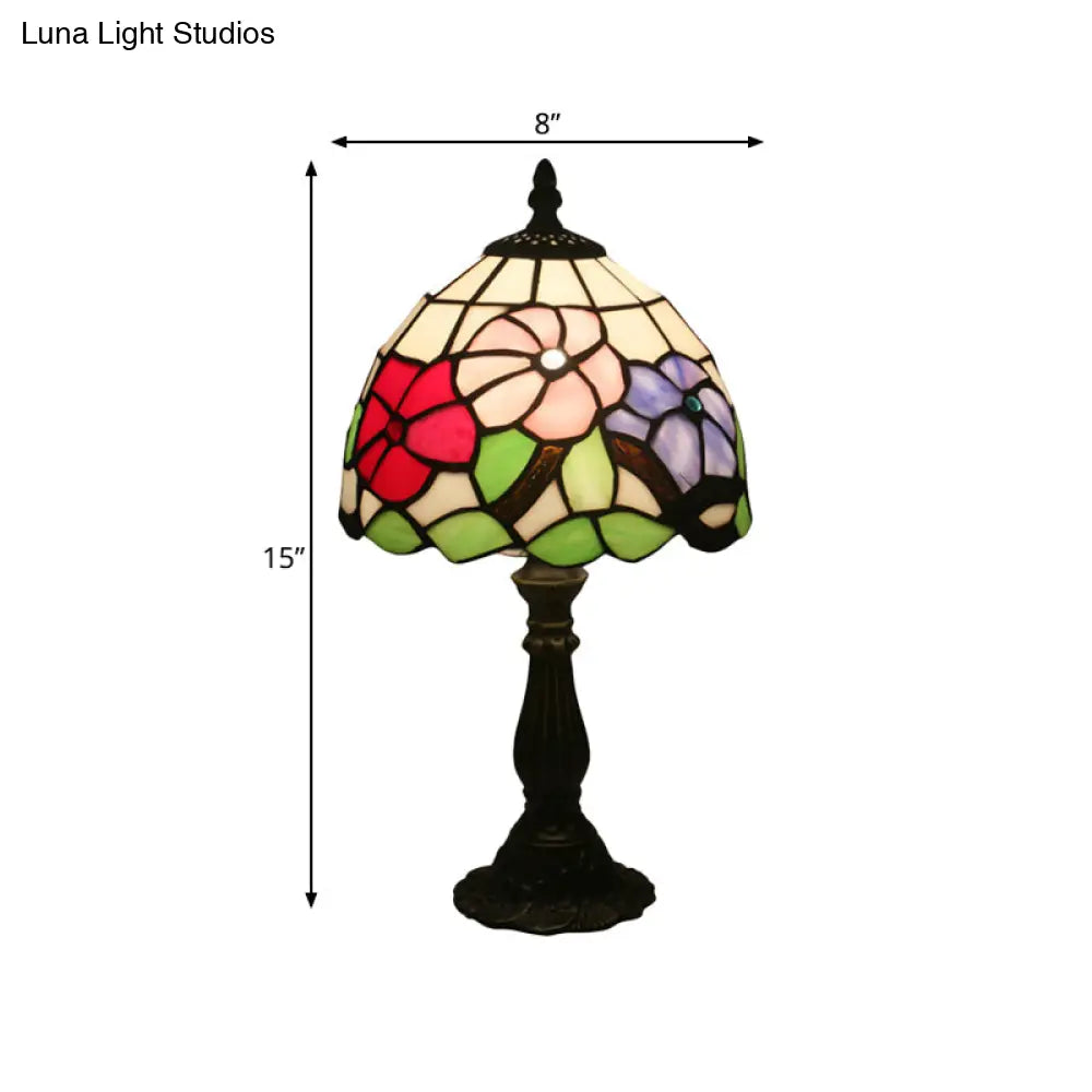 Tiffany Bronze Petal Patterned Nightstand Light With Stained Glass Shade