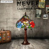 Tiffany Bronze Stained Glass Table Lamp With Peony Pattern - 1-Light Nightstand Lighting
