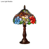 Tiffany Bronze Stained Glass Table Lamp With Peony Pattern - 1-Light Nightstand Lighting