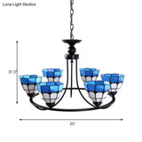 Tiffany Classic Chandelier: Metal Ring Suspension Light With Grid Bowl (6/8 Lights) In Blue And