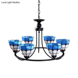 Tiffany Classic Chandelier: Metal Ring Suspension Light With Grid Bowl (6/8 Lights) In Blue And