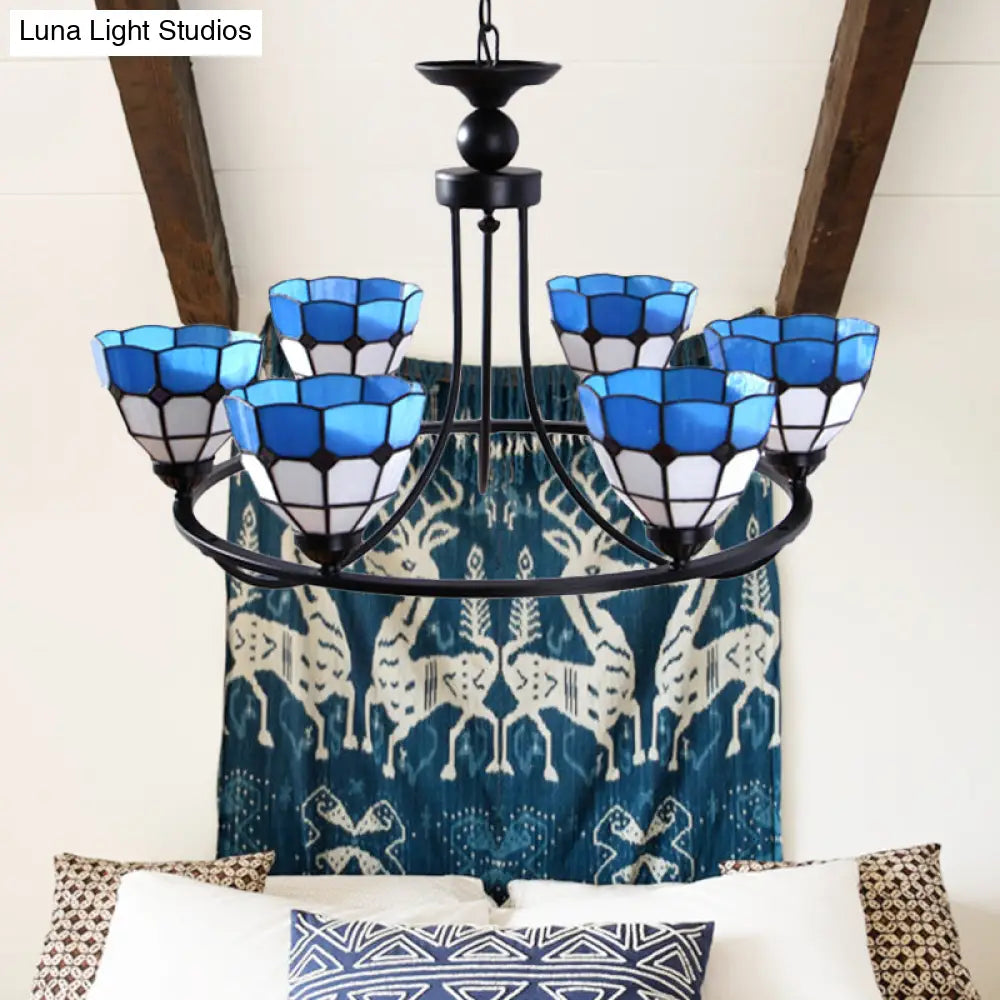 Tiffany Classic Chandelier: Metal Ring Suspension Light With Grid Bowl (6/8 Lights) In Blue And