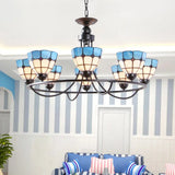 Tiffany Classic Chandelier: Metal Ring Suspension Light With Grid Bowl (6/8 Lights) In Blue And