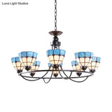 Tiffany Classic Chandelier: Metal Ring Suspension Light With Grid Bowl (6/8 Lights) In Blue And