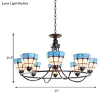 Tiffany Classic Chandelier: Metal Ring Suspension Light With Grid Bowl (6/8 Lights) In Blue And
