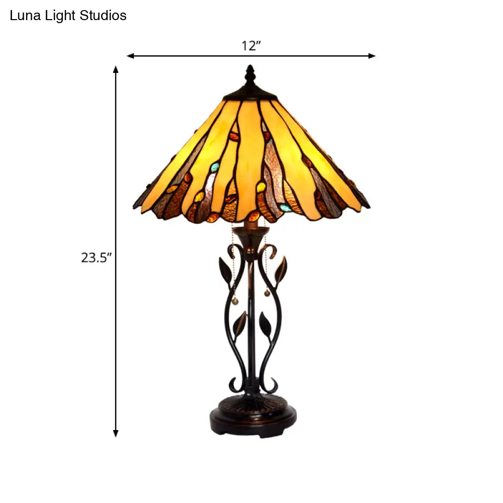 Tiffany Coffee Candle Table Lamp - Stained Glass Night Lighting With Pull-Chain And 2-Light Metal