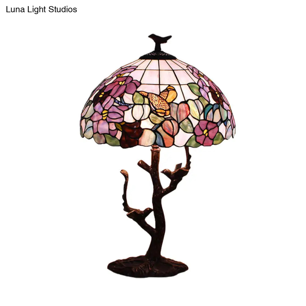 Tiffany Coffee Flower Patterned Bedroom Night Lamp - Hand Cut Glass Shade