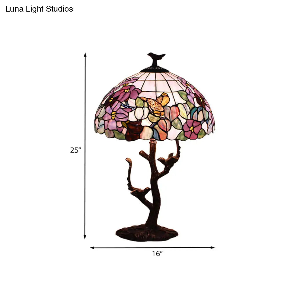 Tiffany Coffee Flower Patterned Bedroom Night Lamp - Hand Cut Glass Shade