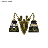 Tiffany Cone Beige Glass Wall Sconce - Antique Brass Finish Dual-Headed Lighting Fixture