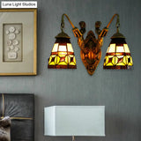 Tiffany Cone Beige Glass Wall Sconce - Antique Brass Finish Dual-Headed Lighting Fixture