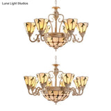 Tiffany Cone Pendant Light - 9/11 Lights Beige Stained Glass Chandelier With Leaf Pattern