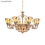 Tiffany Cone Pendant Light - 9/11 Lights Beige Stained Glass Chandelier With Leaf Pattern