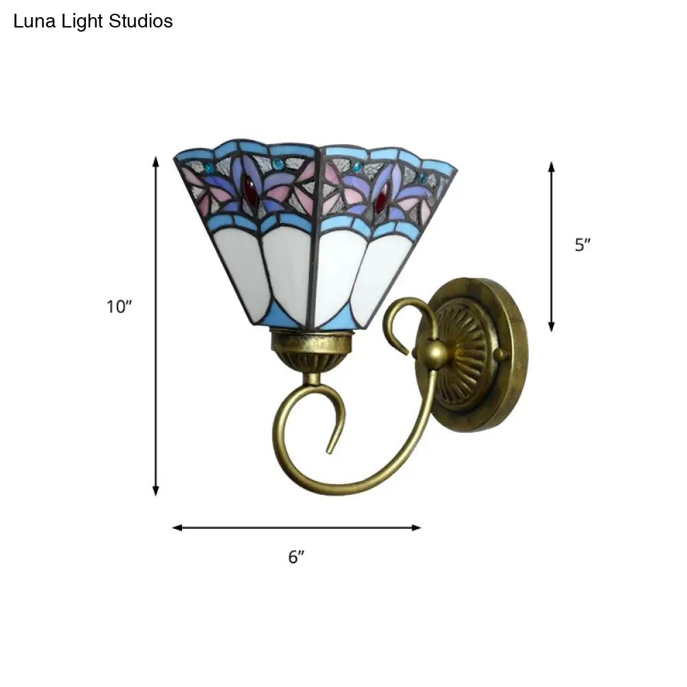 Tiffany Cone Purple-Blue Glass Sconce Light Fixture With Scrolling Arm - 1 Head Wall