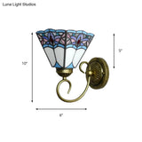 Tiffany Cone Purple-Blue Glass Sconce Light Fixture With Scrolling Arm - 1 Head Wall