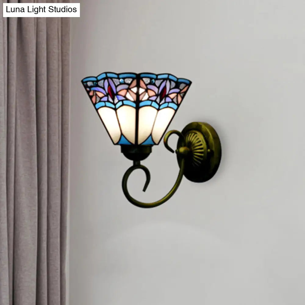 Tiffany Cone Purple-Blue Glass Sconce Light Fixture With Scrolling Arm - 1 Head Wall