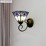 Tiffany Cone Purple-Blue Glass Sconce Light Fixture With Scrolling Arm - 1 Head Wall