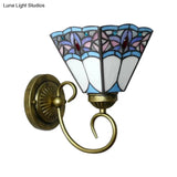 Tiffany Cone Purple-Blue Glass Sconce Light Fixture With Scrolling Arm - 1 Head Wall