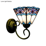 Tiffany Cone Purple-Blue Glass Sconce Light Fixture With Scrolling Arm - 1 Head Wall