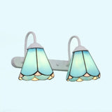 Tiffany Cone Vanity Light With White/Blue Glass For Bedroom Wall Mounted - 2 Heads Blue