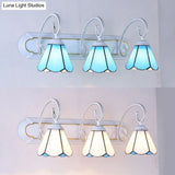 Tiffany Cone White/Blue Glass Vanity Sconce Light - 3-Head Wall Mount For Bathrooms