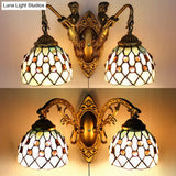 Tiffany Curve Arm/Mermaid Glass Wall Sconce Lighting - 2 Heads Beige Pull Chain Switch