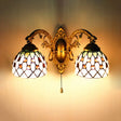 Tiffany Curve Arm/Mermaid Glass Wall Sconce Lighting - 2 Heads Beige Pull Chain Switch / Curved