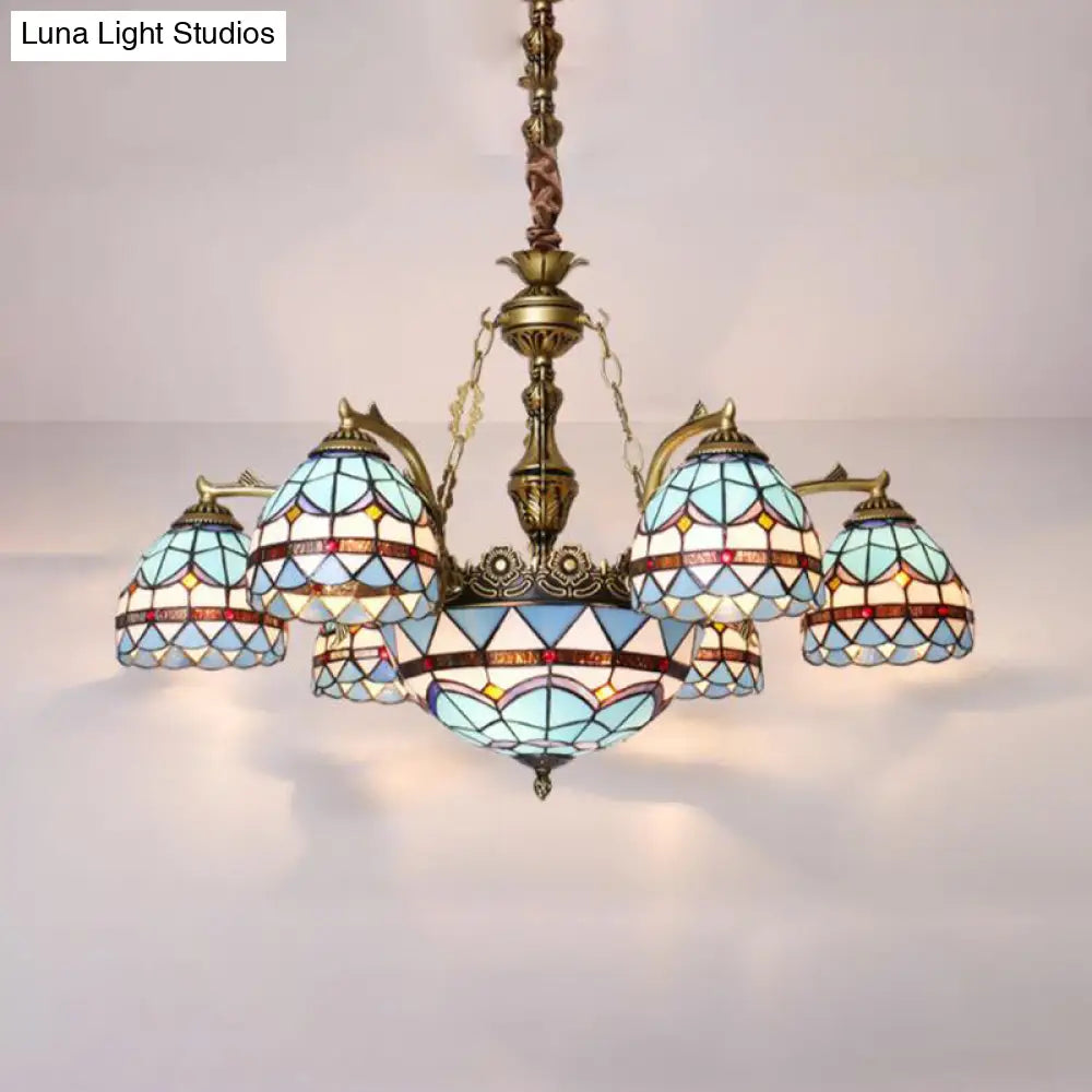 Tiffany Cut Glass Chandelier With Blue Lights And Domed Shade