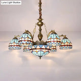 Tiffany Cut Glass Chandelier With Blue Lights And Domed Shade
