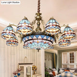 Tiffany Cut Glass Chandelier With Blue Lights And Domed Shade