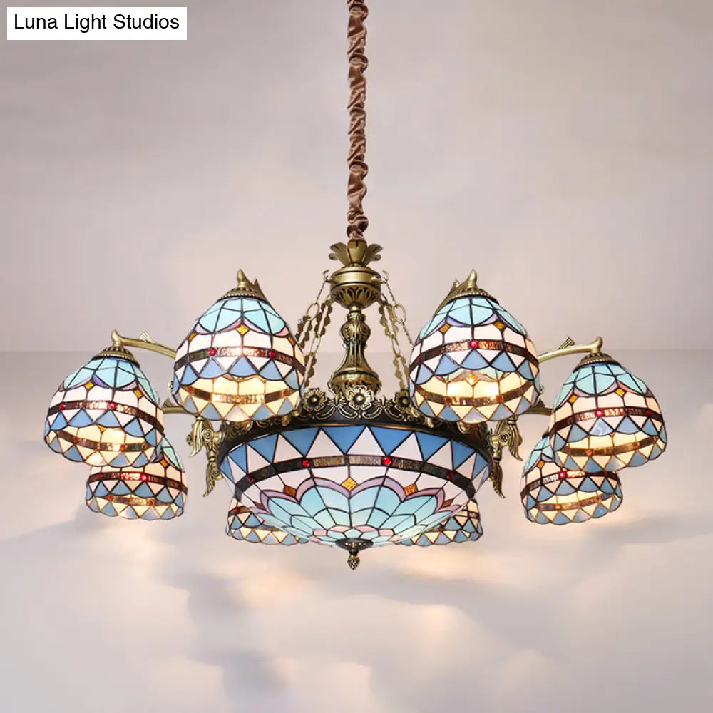 Tiffany Cut Glass Chandelier With Blue Lights And Domed Shade