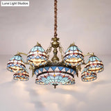 Tiffany Cut Glass Chandelier With Blue Lights And Domed Shade