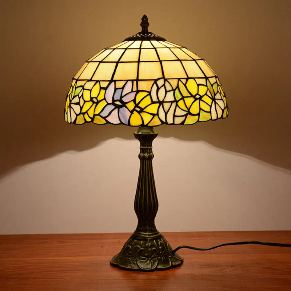 Tiffany Cut Glass Night Lamp With Gridded Bronze Shade - Flower-Border Design