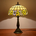 Tiffany Cut Glass Night Lamp With Gridded Bronze Shade - Flower-Border Design