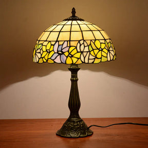 Tiffany Cut Glass Night Lamp With Gridded Bronze Shade - Flower-Border Design