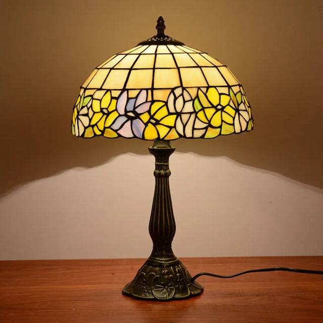 Tiffany Cut Glass Night Lamp With Gridded Bronze Shade - Flower-Border Design