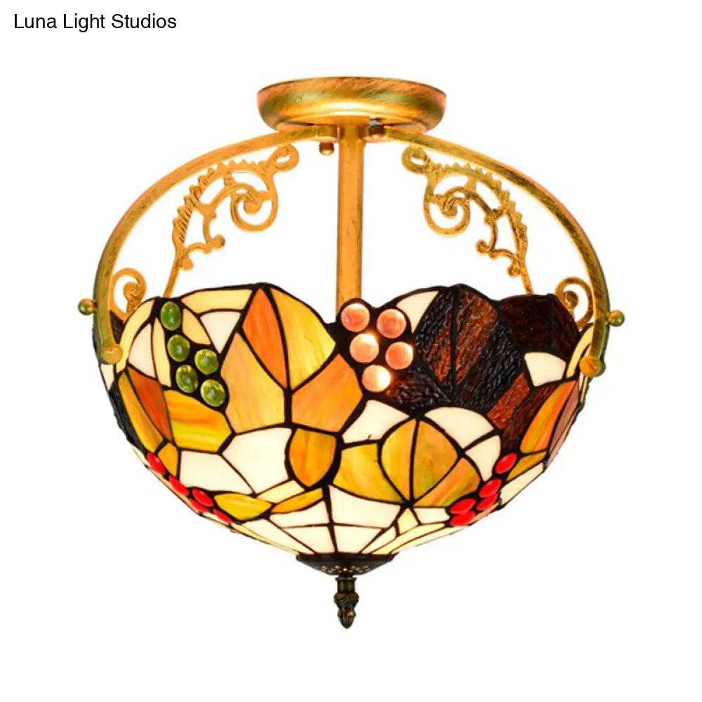 Tiffany Cut Glass Semi - Flush Ceiling Light With Brass Finish For Bedrooms - 2/3 Lights