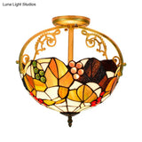 Tiffany Cut Glass Semi - Flush Ceiling Light With Brass Finish For Bedrooms - 2/3 Lights